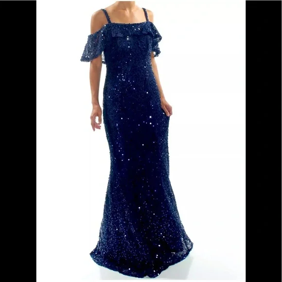Night Way Collections | Dresses | Formal Dress Size 2 Navy Blue Sequined Nightway  Gown Off The Shoulder Prom | Poshmark